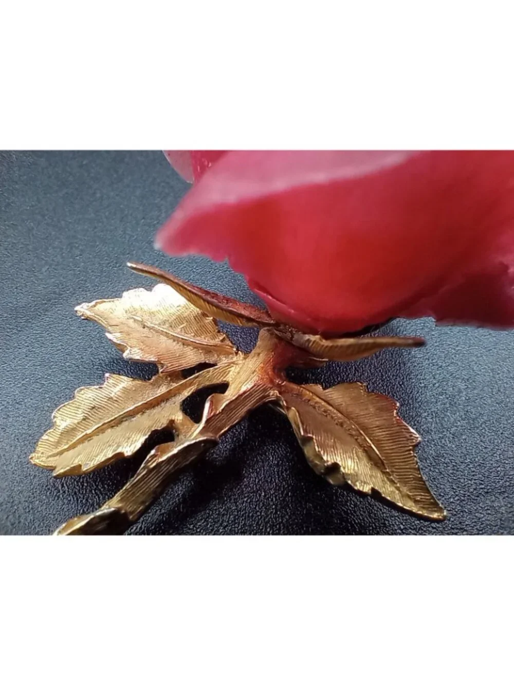 Vintage Pink Rose Brooch Pin Gold Tone Stem Leaves Signed BARI 3.25